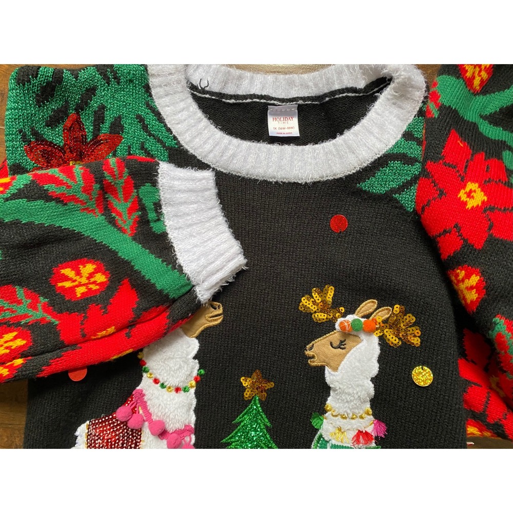 Holiday Time Ugly Christmas fuzzy Llama Poinsettia Sequin floral scoop neck cozy
